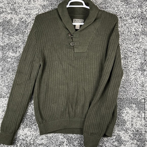 Duluth Trading Knit Sweater Mens Large Cotton Wool Blend Shawl Collar‎ Infantry - Picture 1 of 7